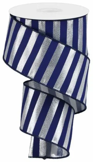 2.5" Metallic Horizontal Stripe Ribbon: Navy/Silver