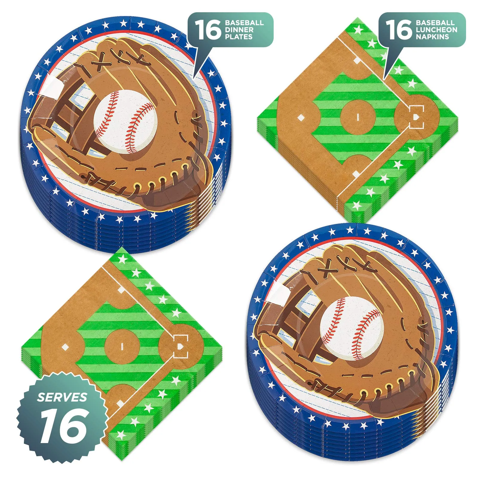 Baseball Party Play Ball Glove Paper Dinner Plates and Ball Diamond Lunch Napkins (Serves 16)