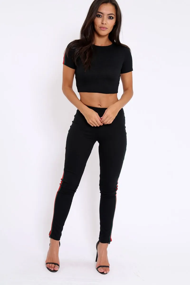 Black Ribbed Co ord with Striped Sports Trim Detail - Zinaya