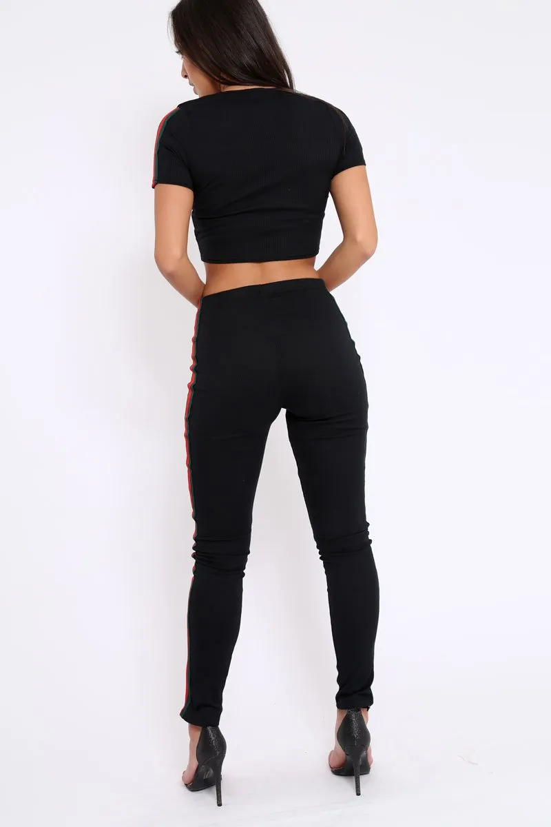 Black Ribbed Co ord with Striped Sports Trim Detail - Zinaya