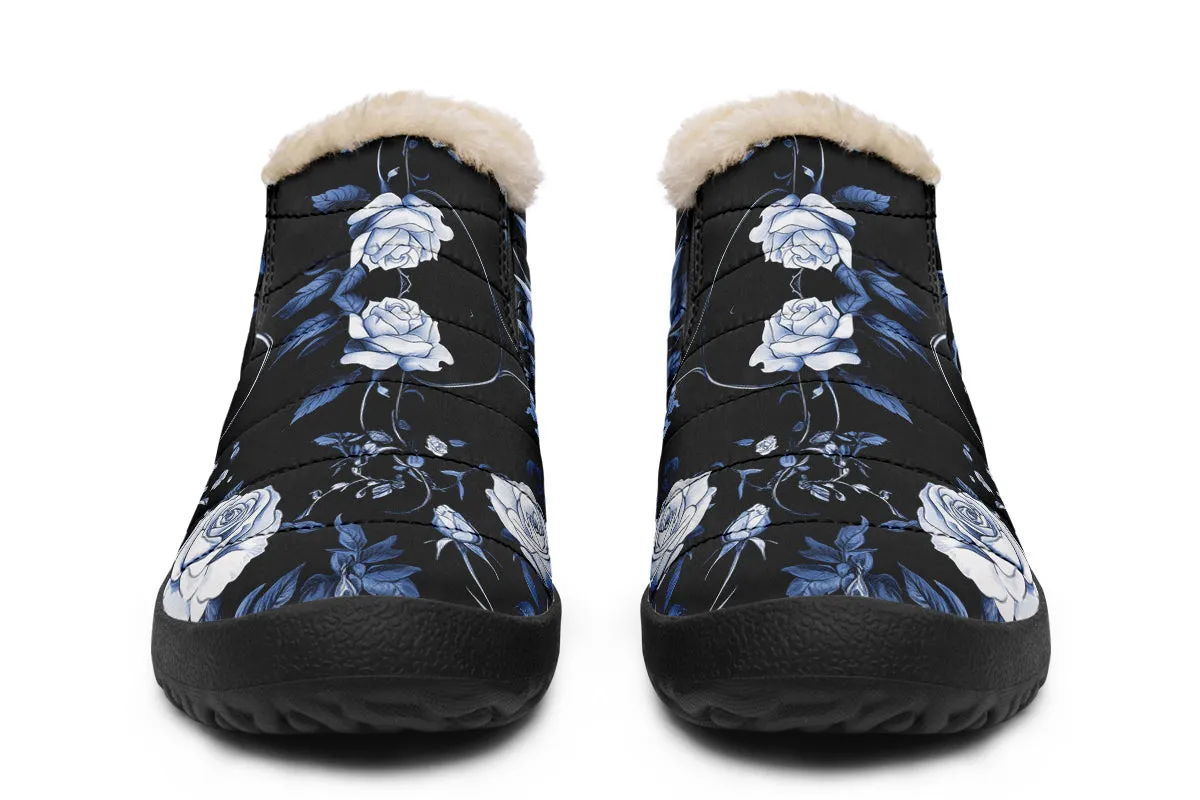 Blue Rose Romance Winter Sneakers - Warm & Easy Slip-On Shoes Lined with Vegan Wool with Anti-Slip Soles