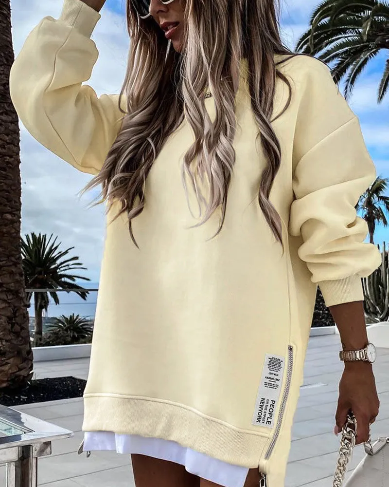 Casual Long Sleeve Zipper Slit Oversized Sweatshirt