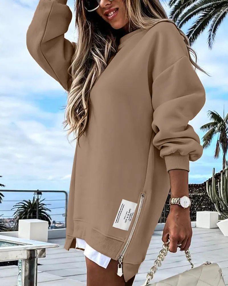 Casual Long Sleeve Zipper Slit Oversized Sweatshirt