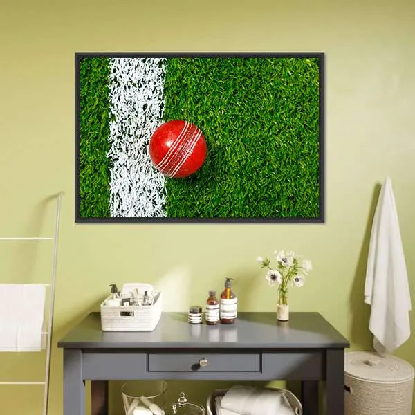 Cricket Ball On Grass Canvas Wall Art