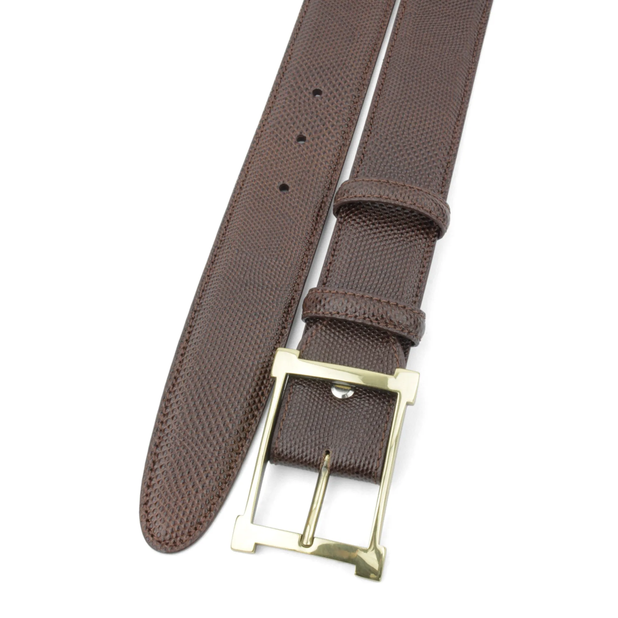 Dark Brown Carung Texture Frame Prong Belt