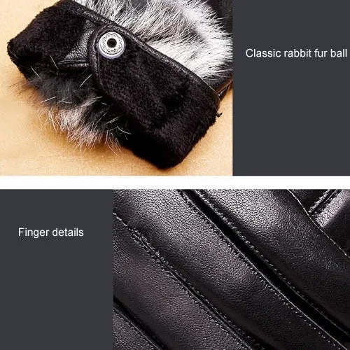 Fashionable Rabbit Fur Ball Sheepskin Leather Gloves for Women (XL)(Black)