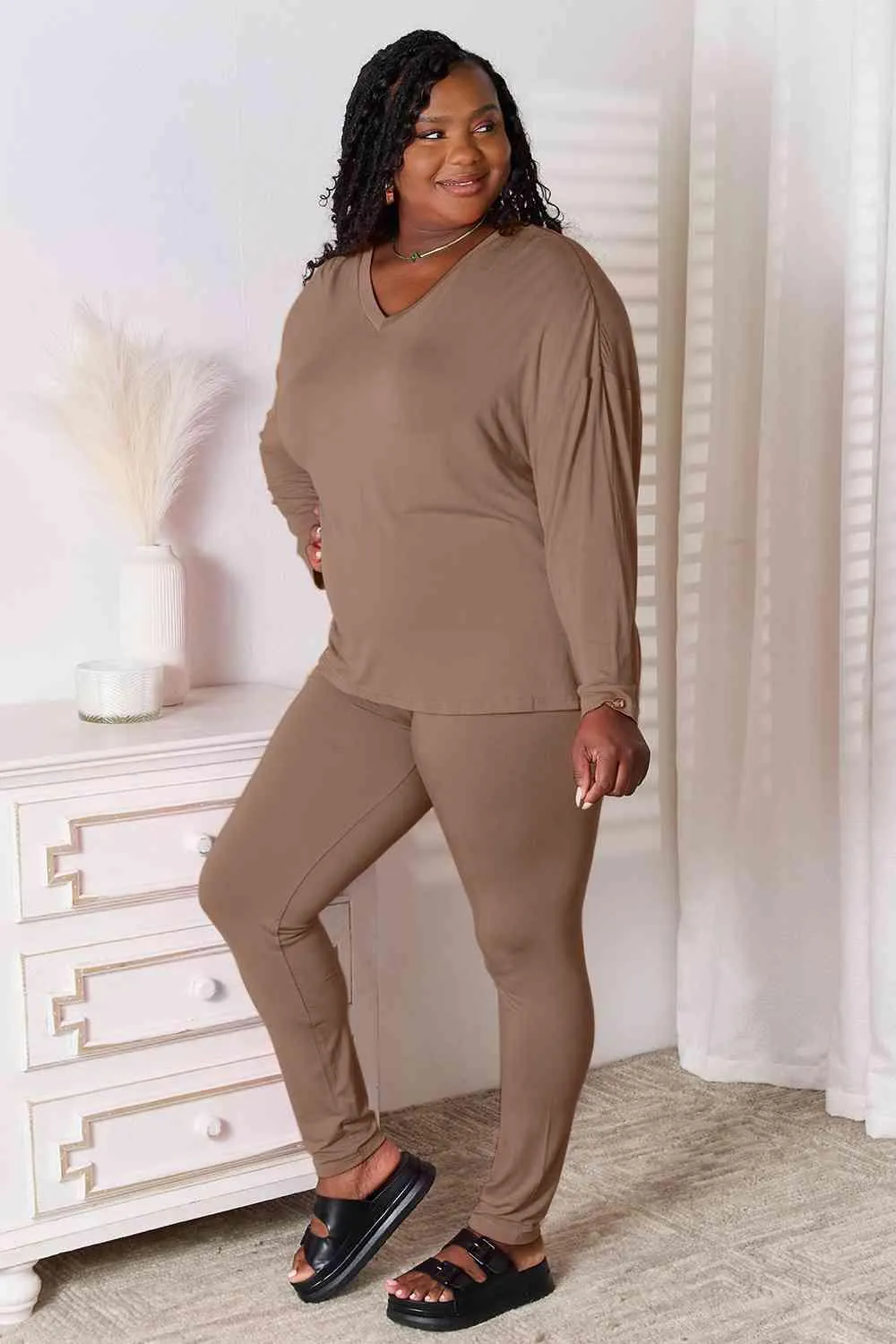 Full Size V-Neck Top and Pants Lounge Set