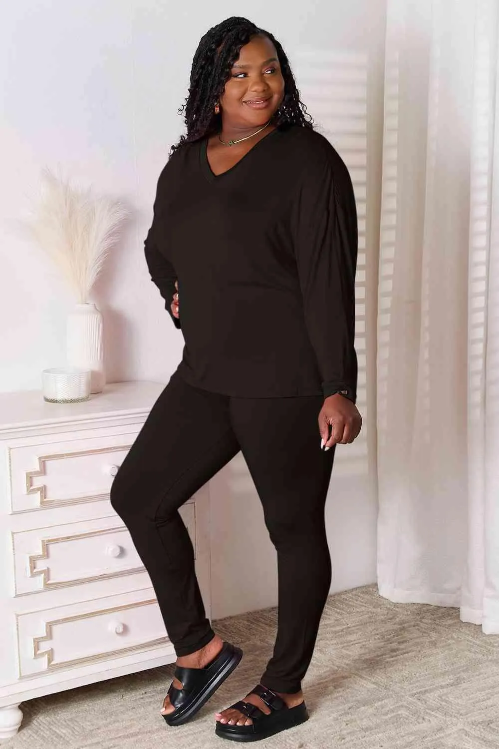 Full Size V-Neck Top and Pants Lounge Set