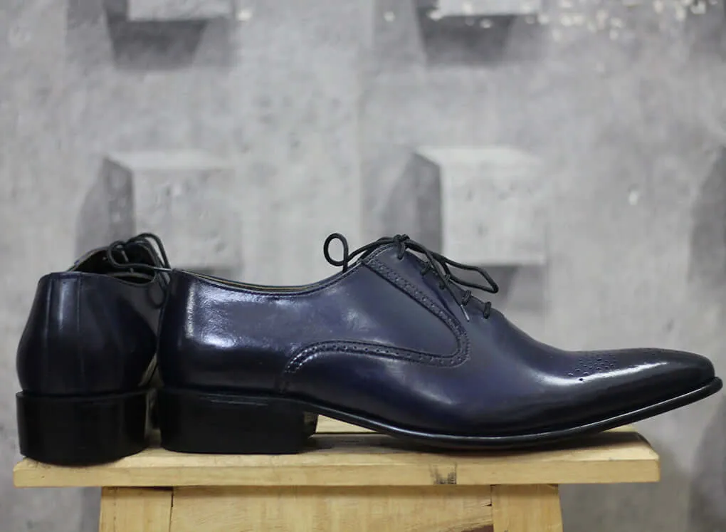 Handmade Whole Cut oxford Navy Blue pointed Toe Shoes