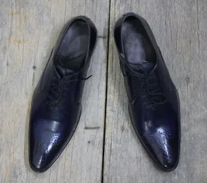 Handmade Whole Cut oxford Navy Blue pointed Toe Shoes