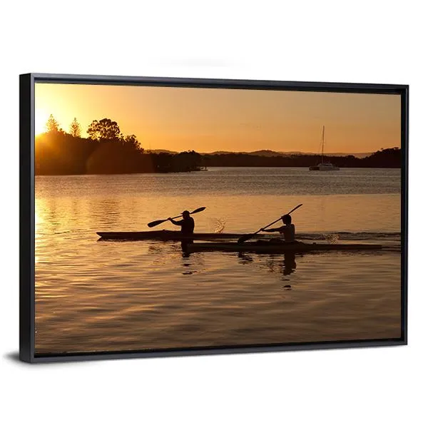 Kayak In Sea At Sunset Canvas Wall Art