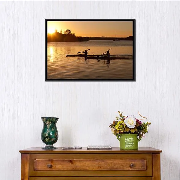 Kayak In Sea At Sunset Canvas Wall Art