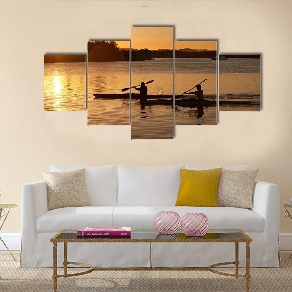 Kayak In Sea At Sunset Canvas Wall Art