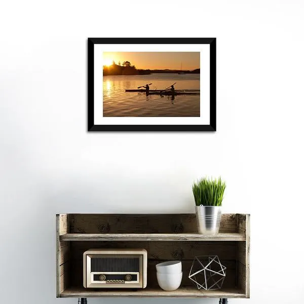 Kayak In Sea At Sunset Canvas Wall Art