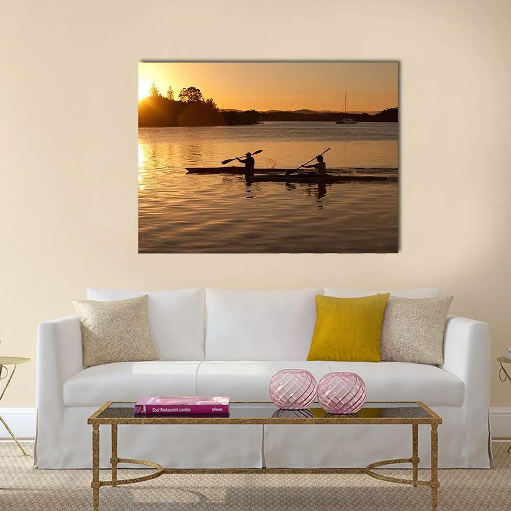 Kayak In Sea At Sunset Canvas Wall Art