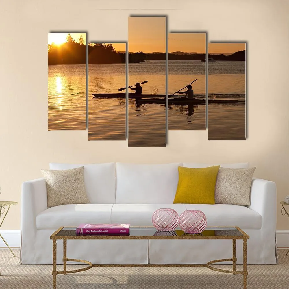 Kayak In Sea At Sunset Canvas Wall Art