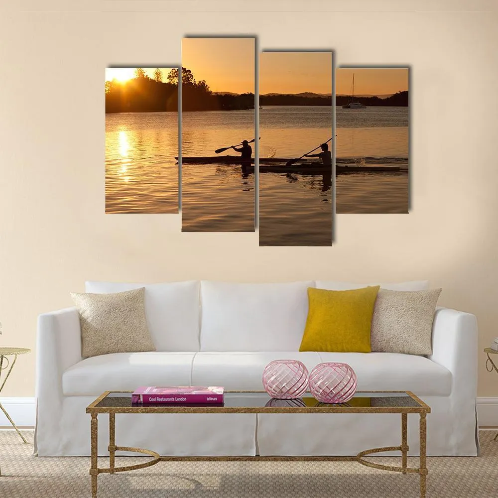 Kayak In Sea At Sunset Canvas Wall Art