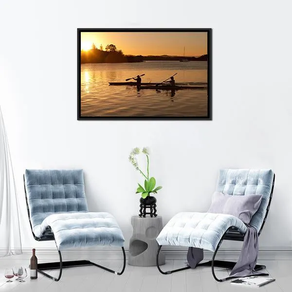 Kayak In Sea At Sunset Canvas Wall Art