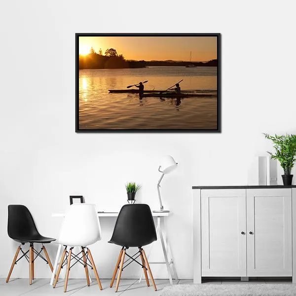 Kayak In Sea At Sunset Canvas Wall Art