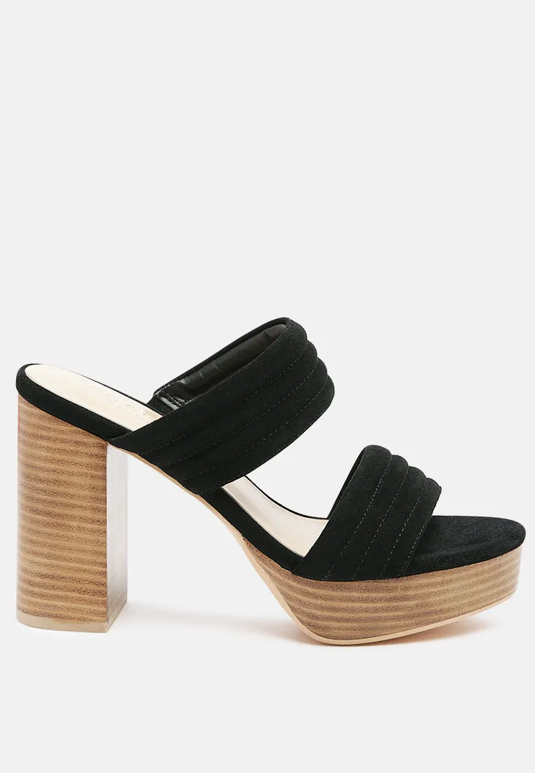 MILLE-FEUX Suede Slip-On Block Heeled Sandal in Black