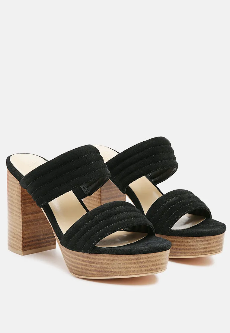 MILLE-FEUX Suede Slip-On Block Heeled Sandal in Black