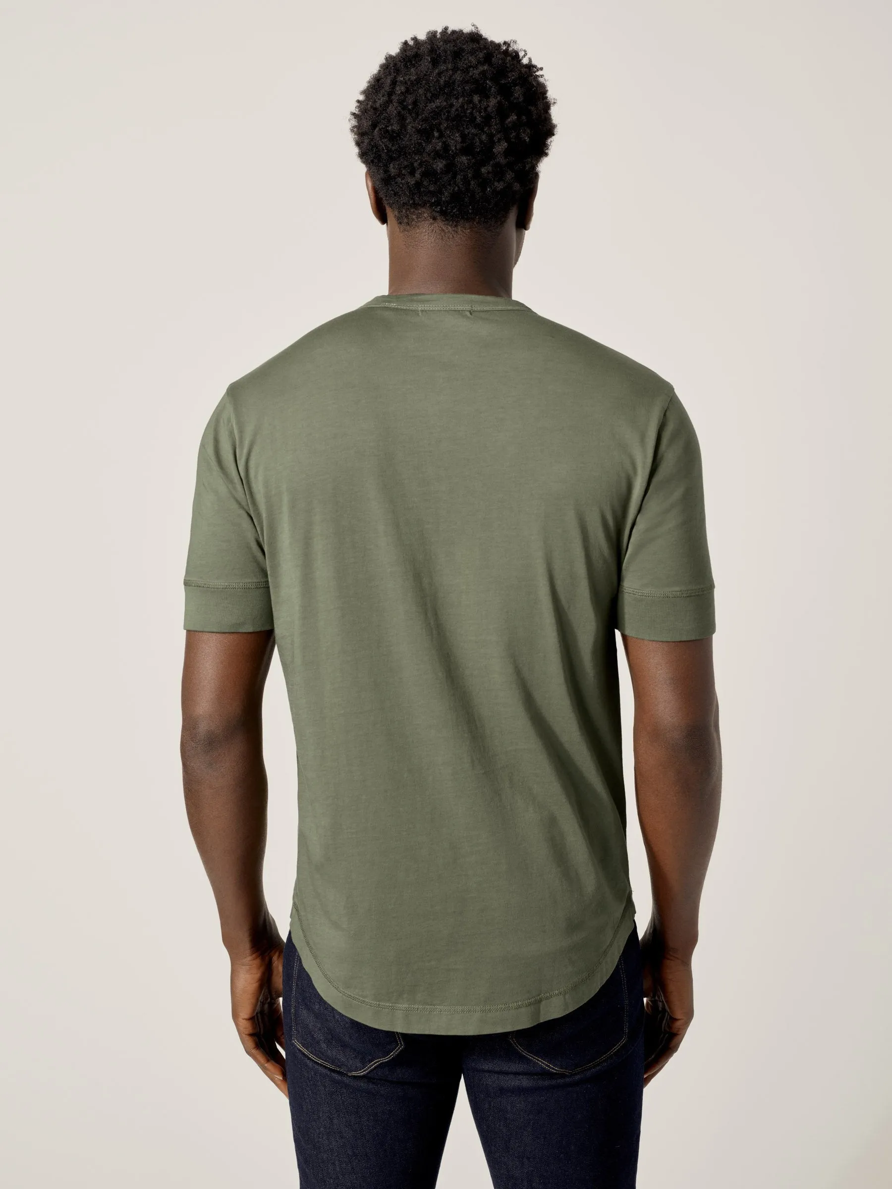 Moss Venice Wash Pima Short Sleeve Curved Hem Henley