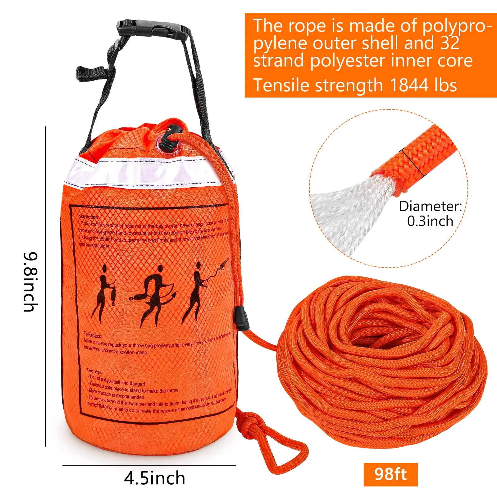 NTR Water Rescue Throw Bag with 70 Feet of Rope in 3/10 Inch Tensile Strength Rated to 1844lbs, Throwable Device for Kayaking and Rafting, Safety Equipment for Raft and Boat