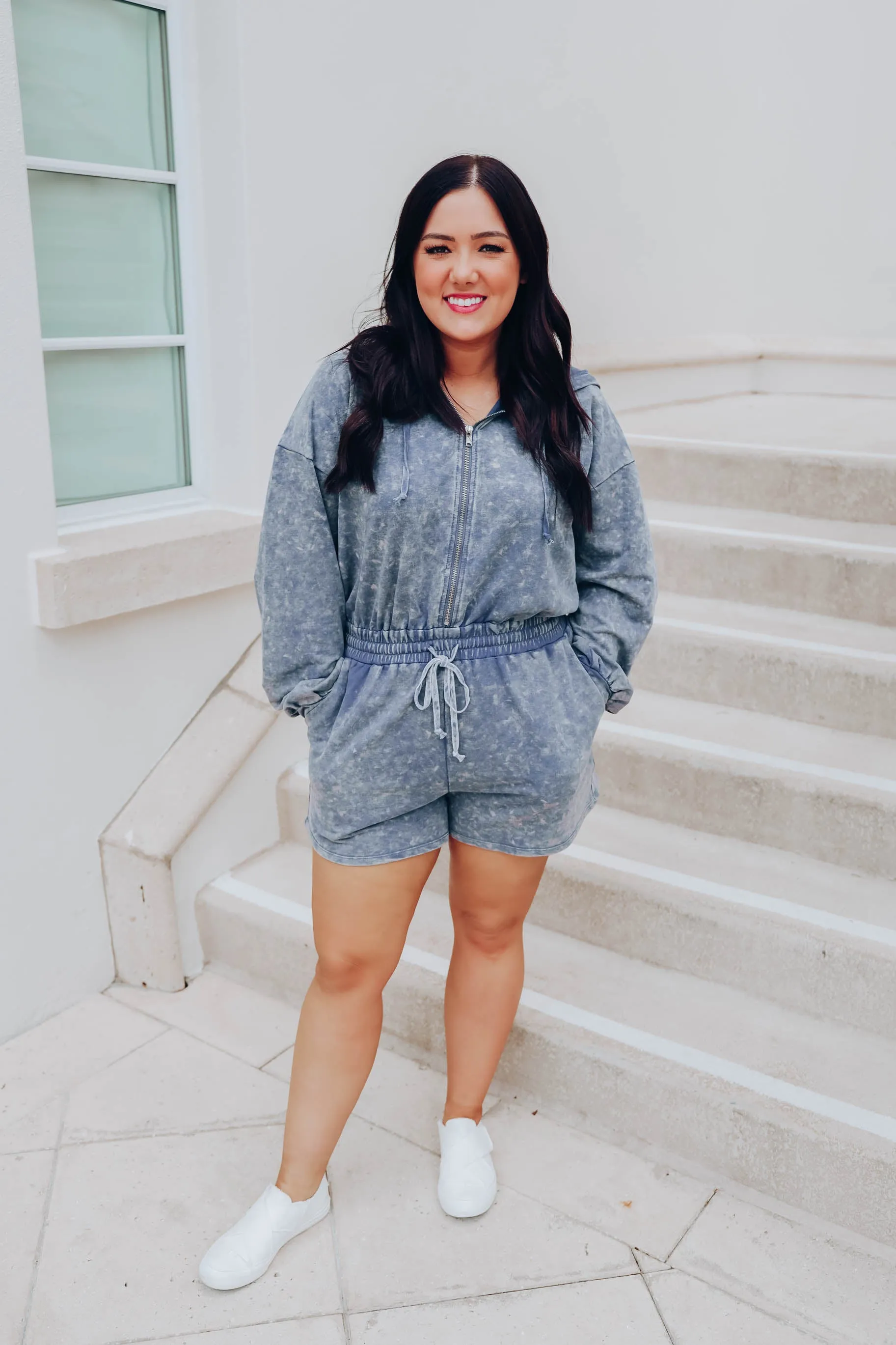 On Trend Casual Mineral Wash Romper - Denim - Final Sale