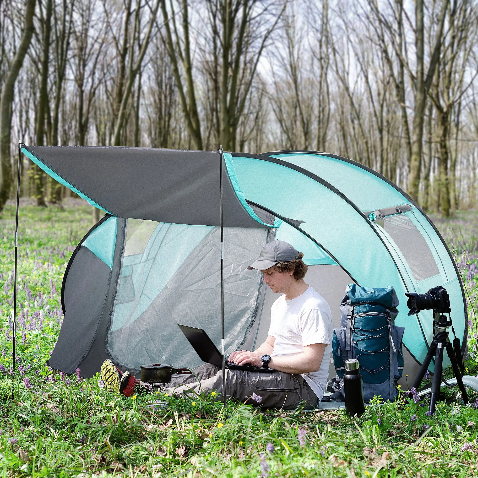 Outsunny 4 Person Camping Tent Pop-up Design w/ Mesh Vents for Hiking Dark Blue