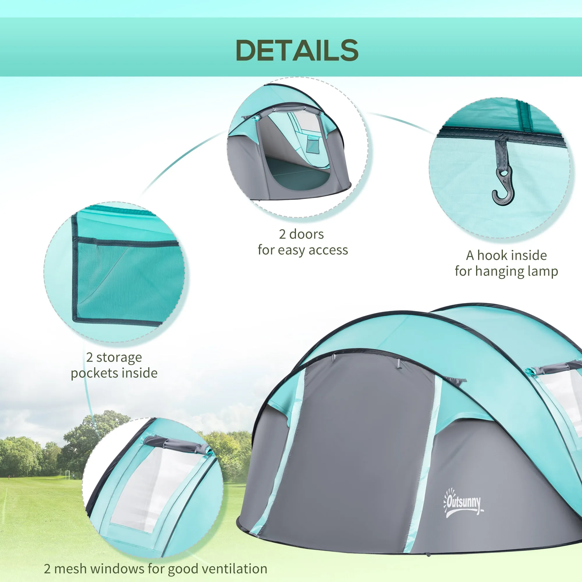 Outsunny 4 Person Camping Tent Pop-up Design w/ Mesh Vents for Hiking Dark Blue