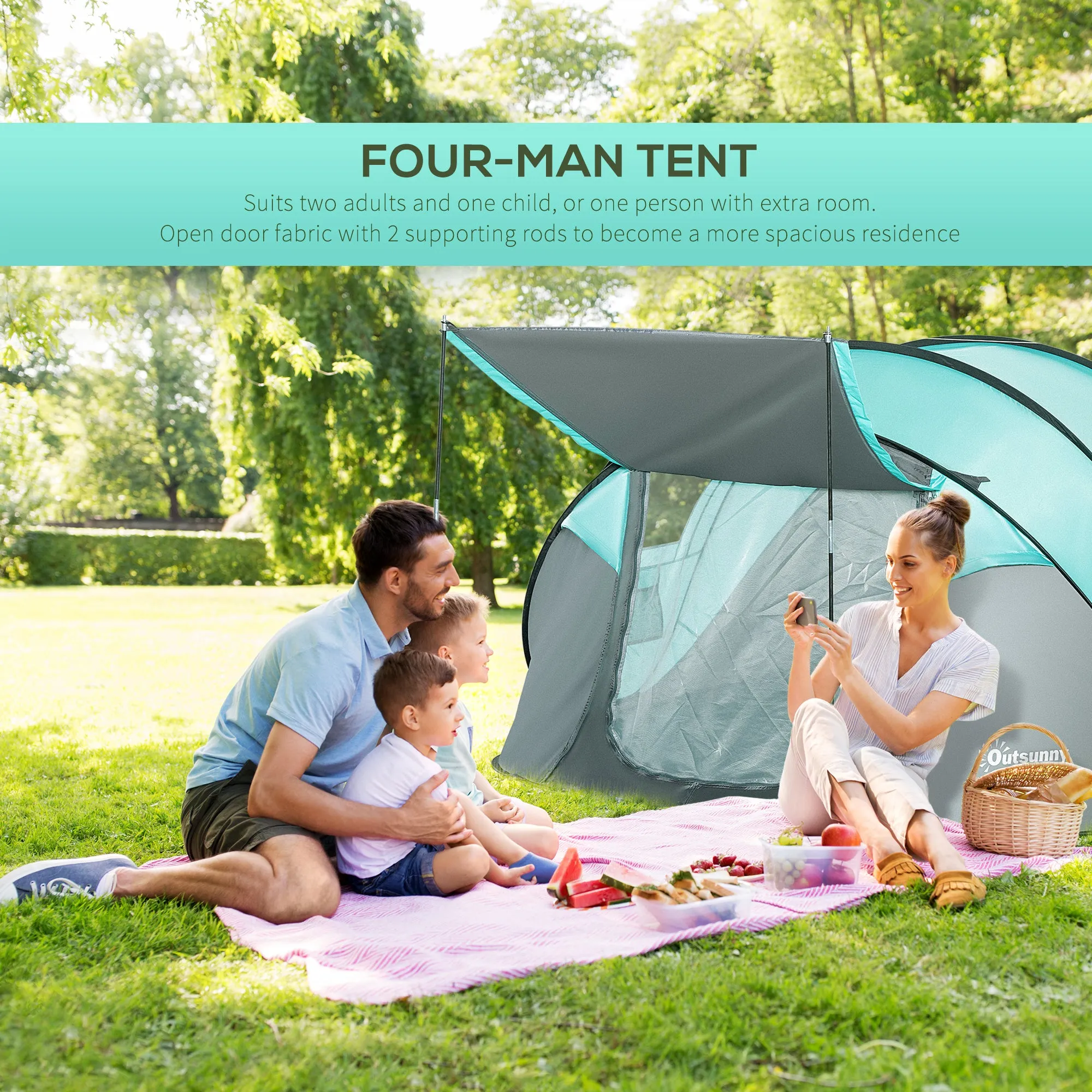 Outsunny 4 Person Camping Tent Pop-up Design w/ Mesh Vents for Hiking Dark Blue