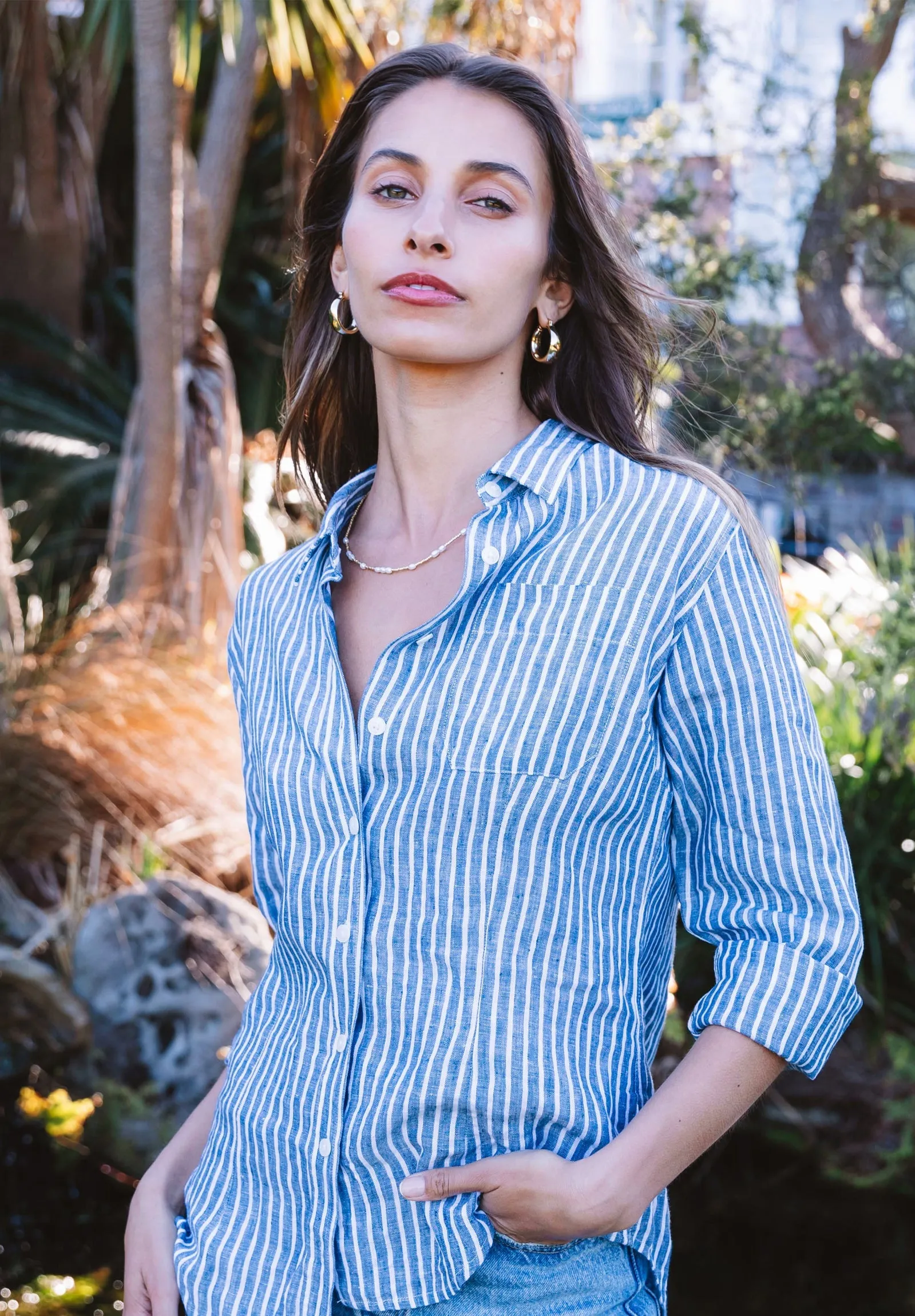 Rina Indigo Blue Stripes Slim-Fit Linen Shirt