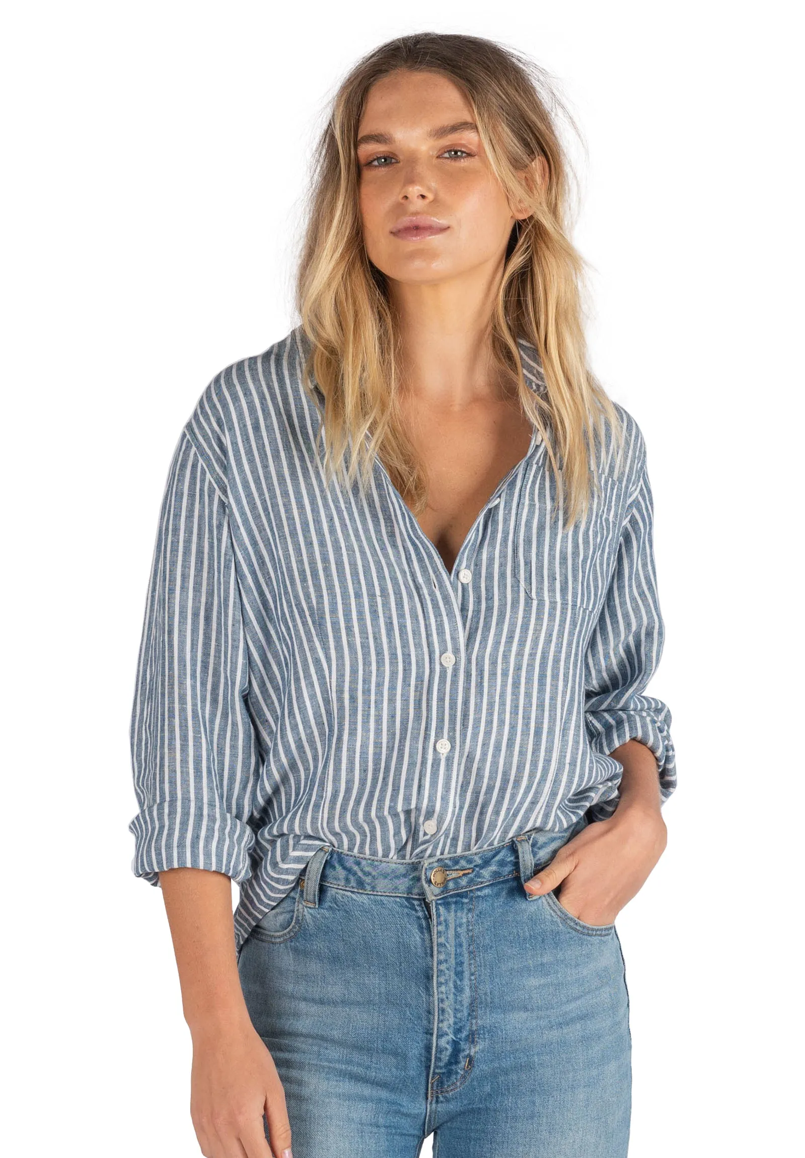 Rina Indigo Blue Stripes Slim-Fit Linen Shirt