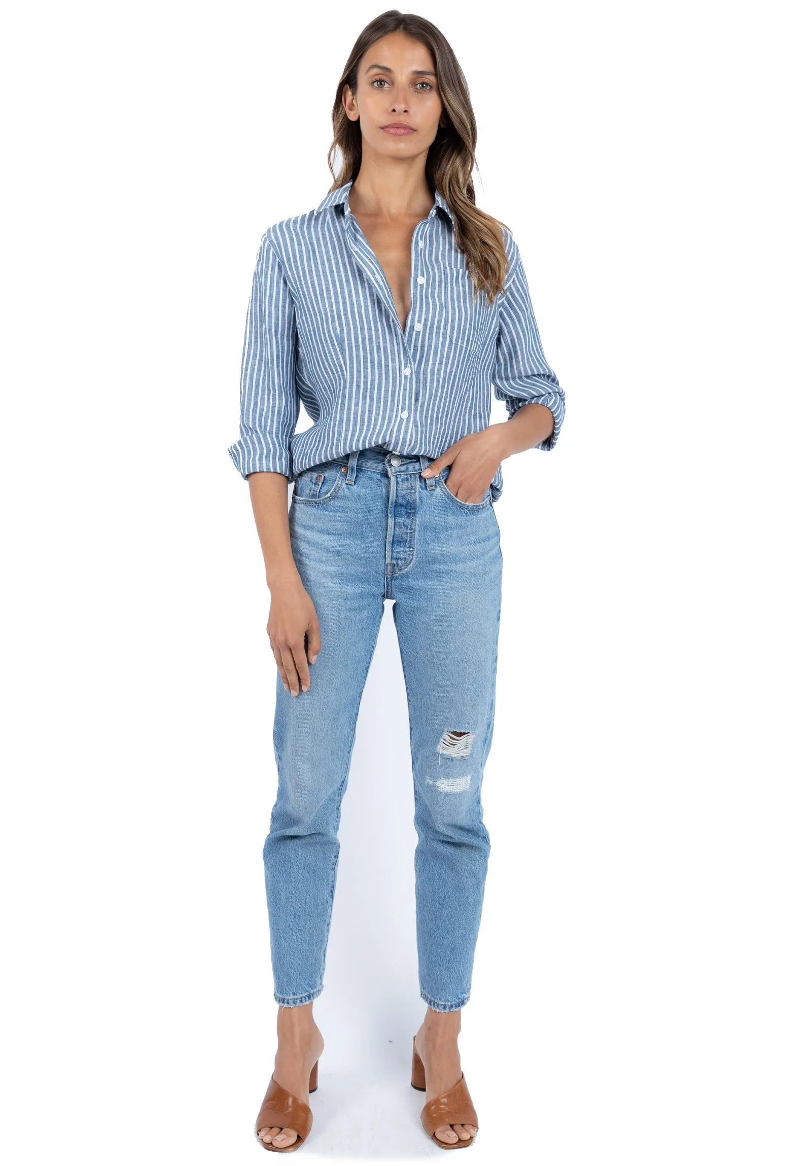 Rina Indigo Blue Stripes Slim-Fit Linen Shirt