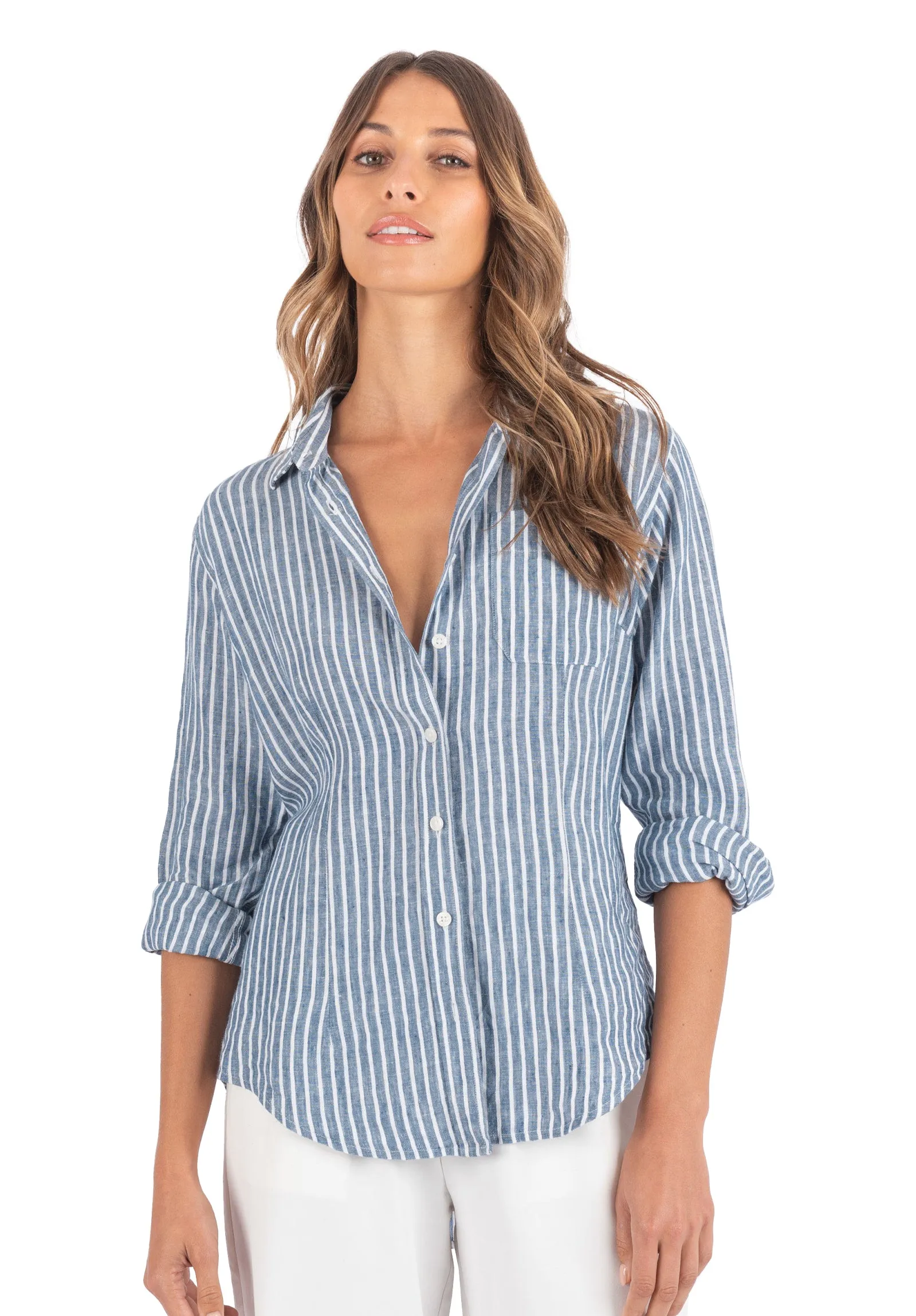 Rina Indigo Blue Stripes Slim-Fit Linen Shirt