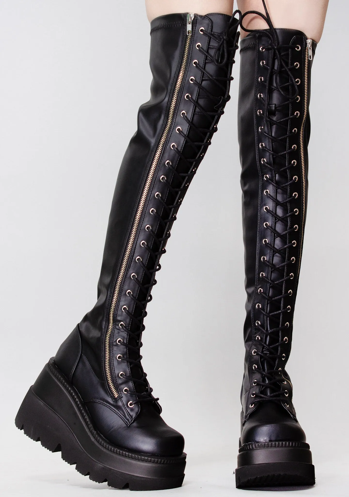 SHAKER 374 Dangerous Conviction Thigh-High Black Platform Boots