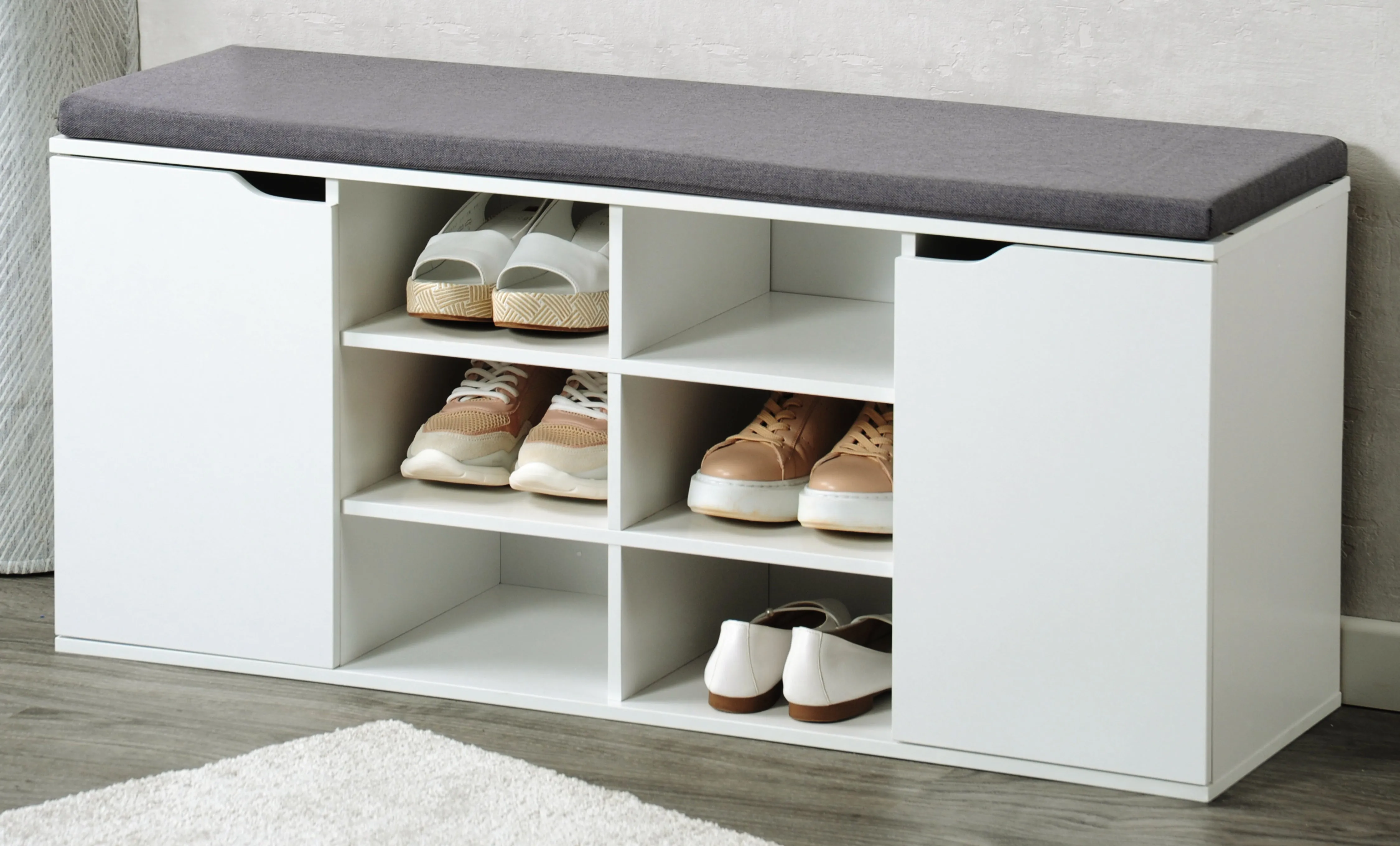 Shoe Cupboard with Seat Cushion - White/Grey