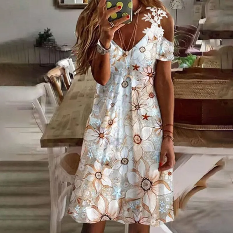 Short Sleeve Off The Shoulder Printed Lace Dress