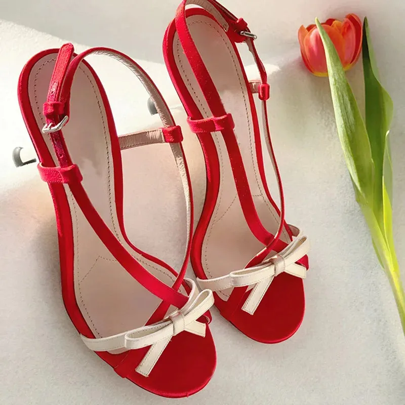 TAVIMART  -  Open-toed Red Stiletto Bow Buckle with Sandals Women's Summer 2024 New Sexy Sweet High Heels