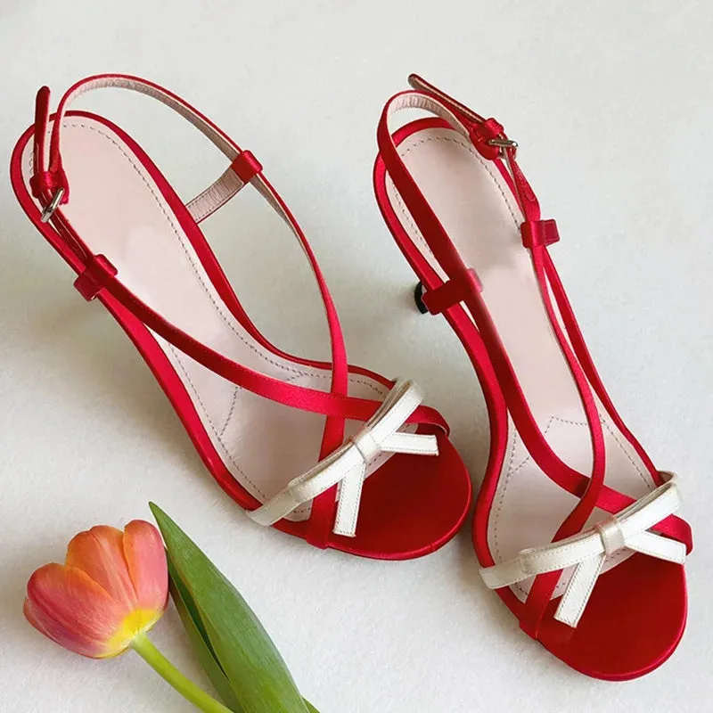 TAVIMART  -  Open-toed Red Stiletto Bow Buckle with Sandals Women's Summer 2024 New Sexy Sweet High Heels