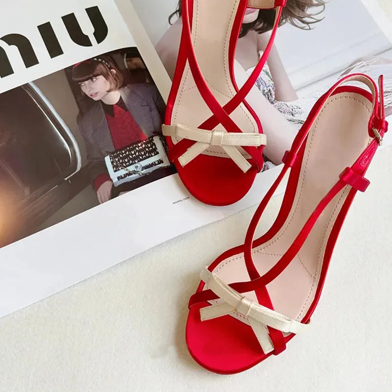 TAVIMART  -  Open-toed Red Stiletto Bow Buckle with Sandals Women's Summer 2024 New Sexy Sweet High Heels