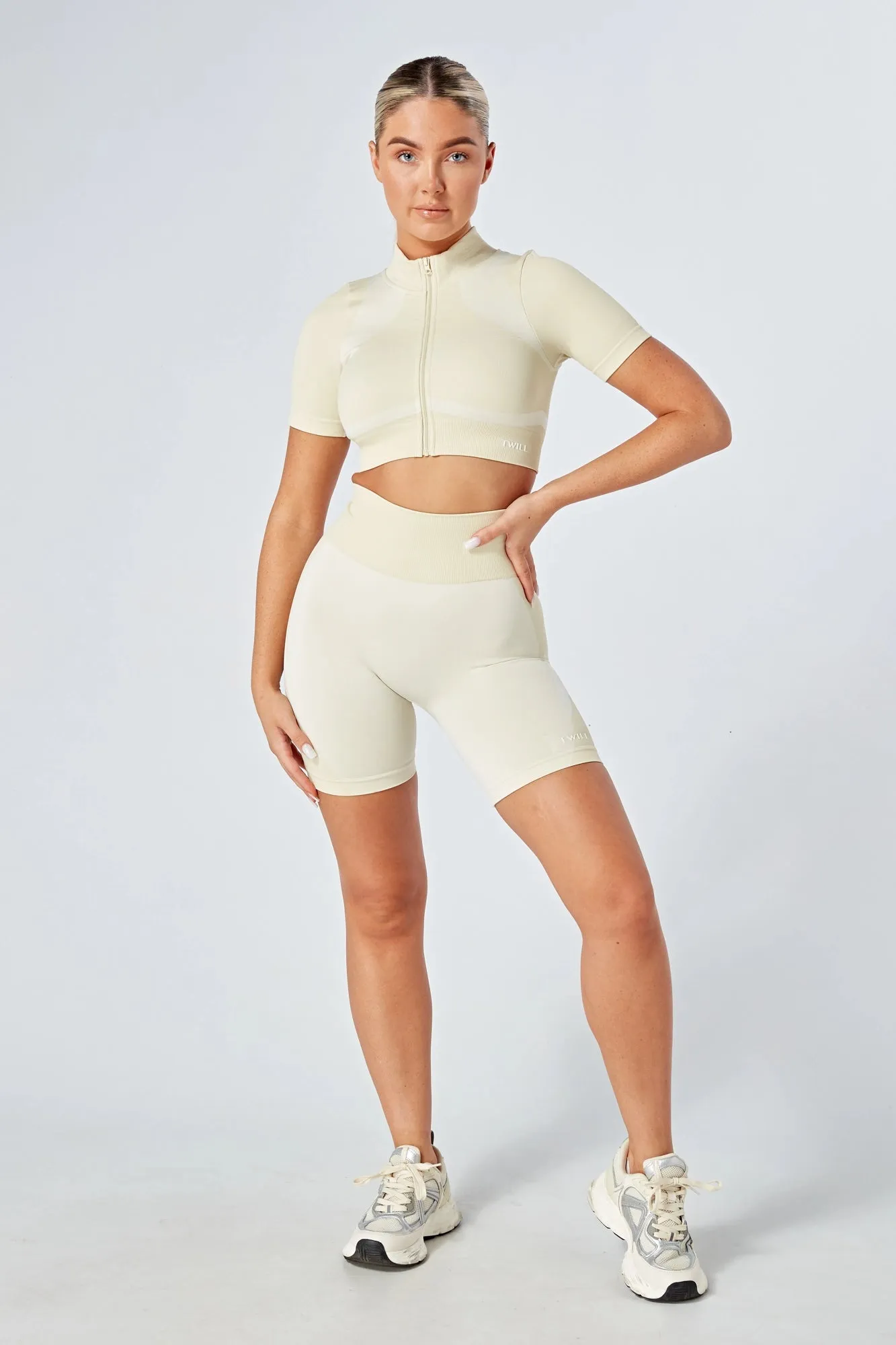 Twill Active Recycled Colour Block Zip-up Crop Top - Stone