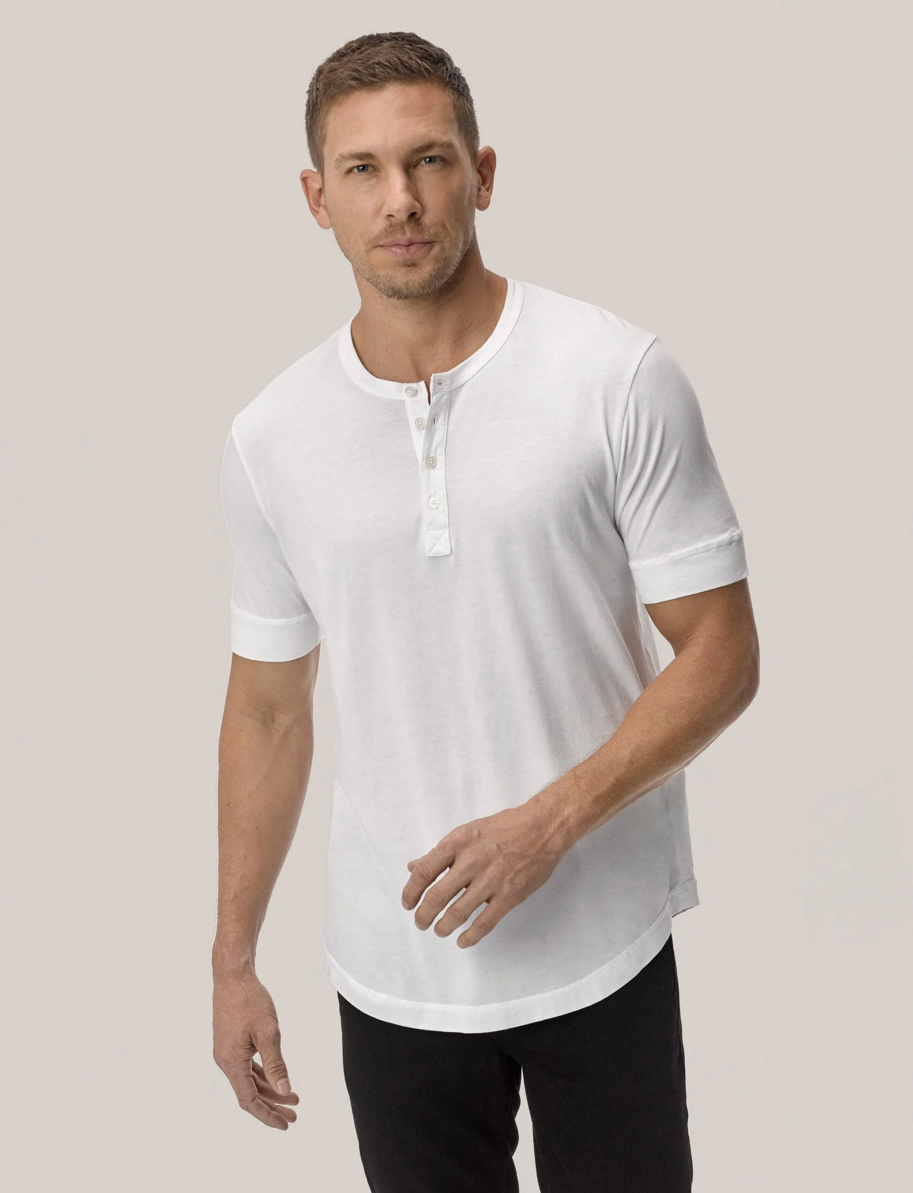 White Pima Short Sleeve Curved Hem Henley