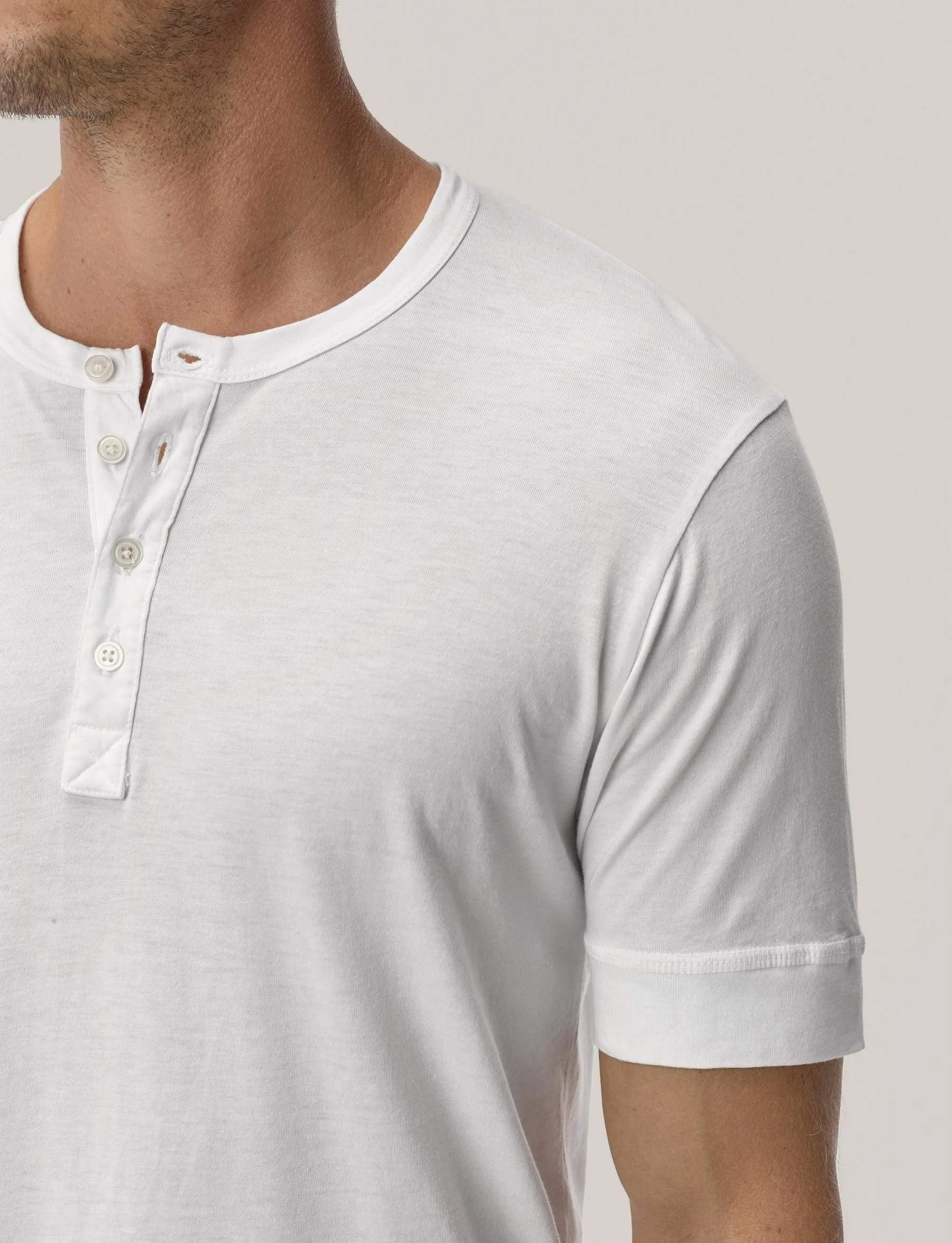 White Pima Short Sleeve Curved Hem Henley