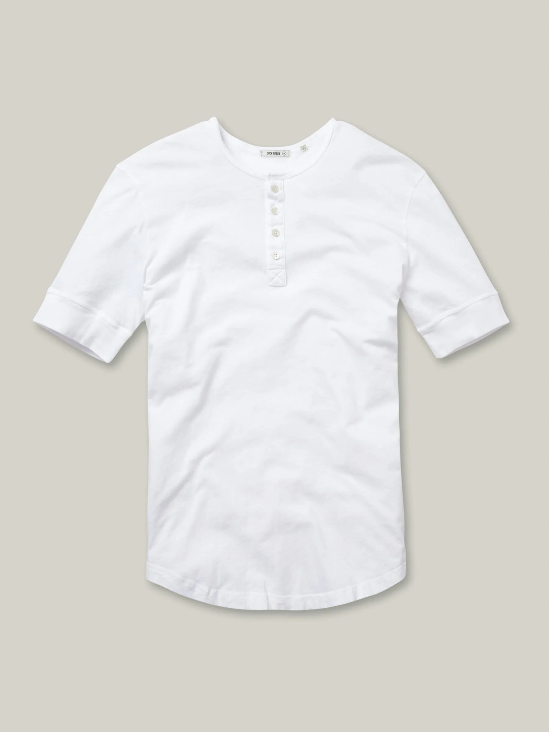 White Pima Short Sleeve Curved Hem Henley