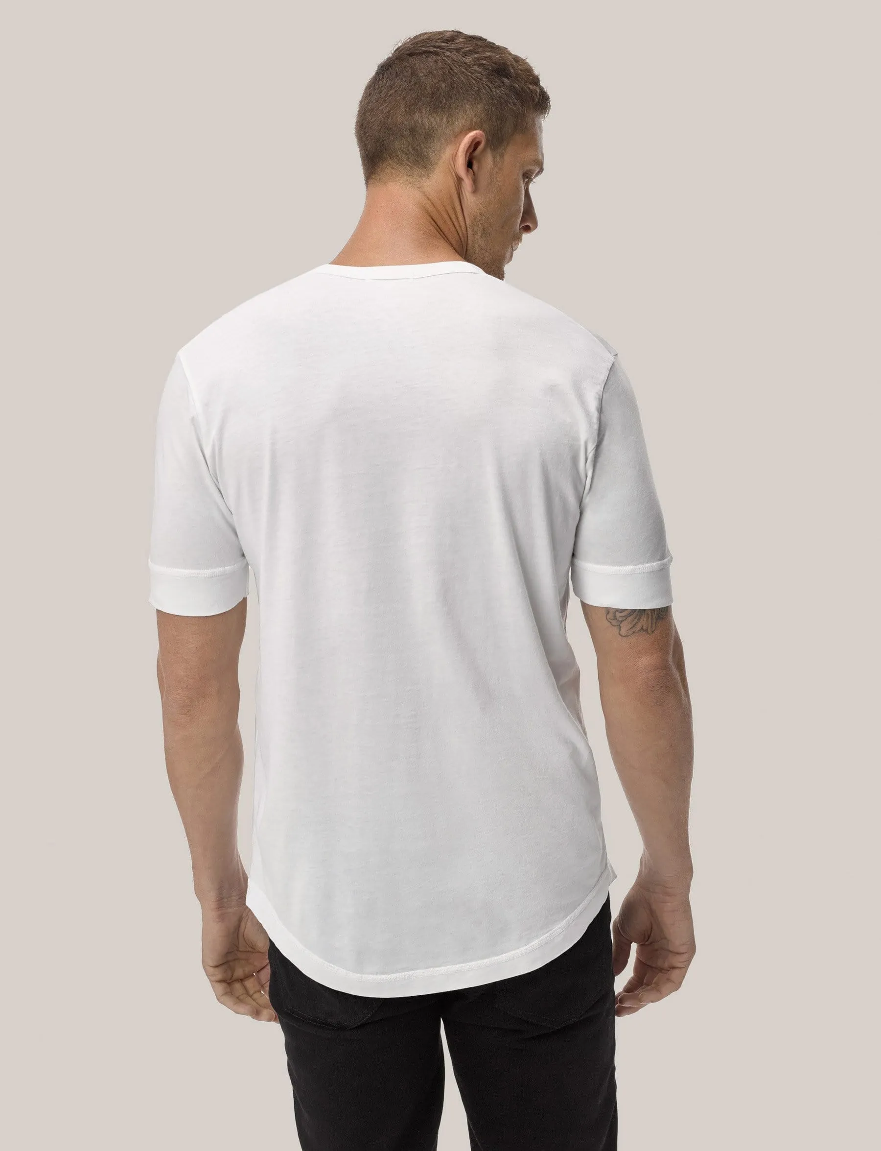 White Pima Short Sleeve Curved Hem Henley