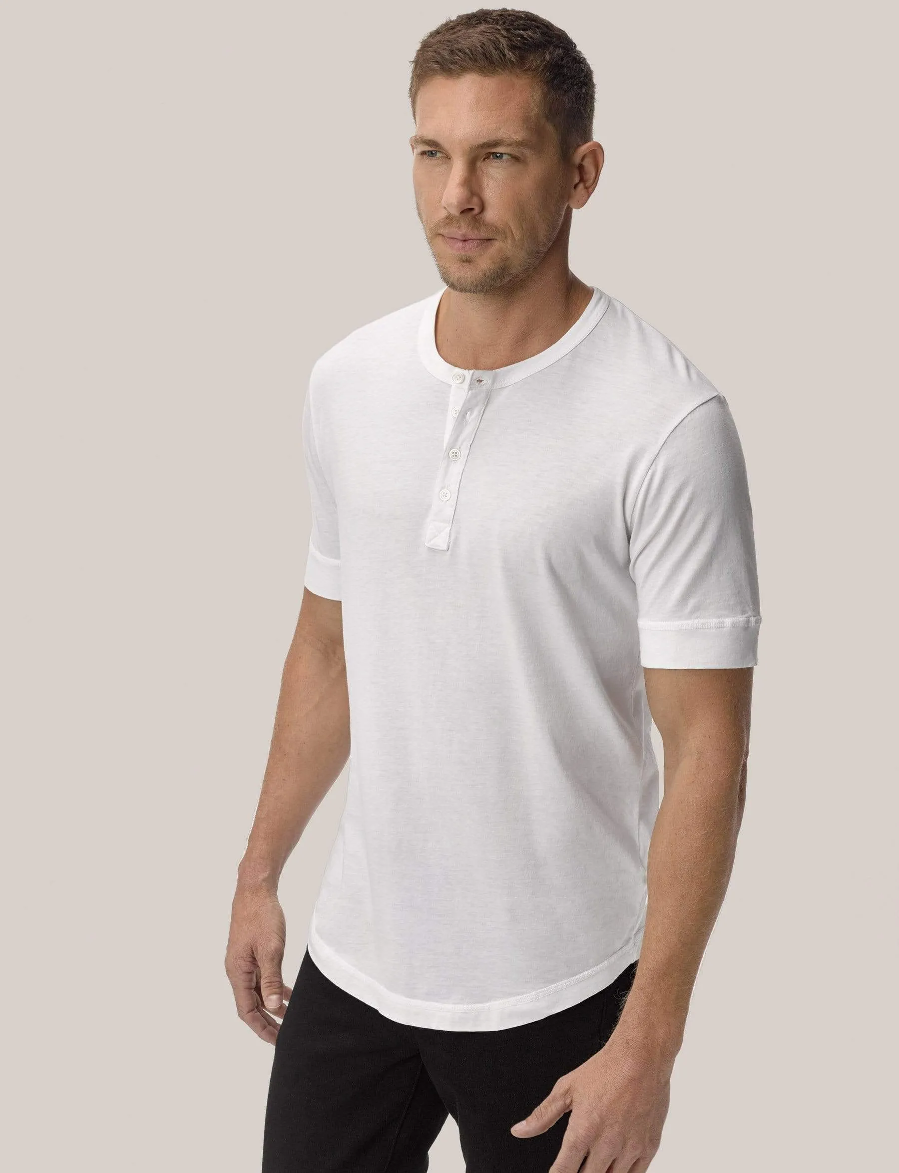 White Pima Short Sleeve Curved Hem Henley