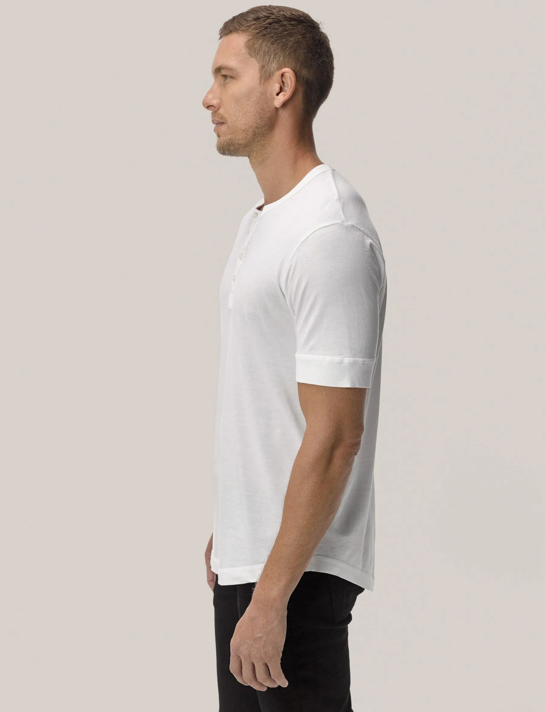 White Pima Short Sleeve Curved Hem Henley