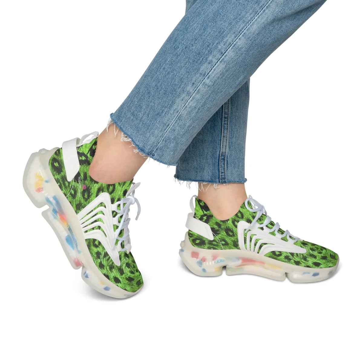 Women's Green Leopard Mesh Sneakers, Leopard Animal Print Mesh Sneakers For Women (US Size: 5.5-12)